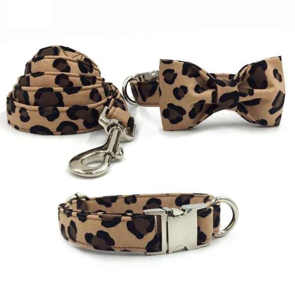 Leopard print collar leash bowtie set