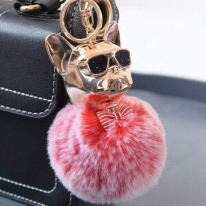 Frenchie World Shop Bright red 2021 New Suit Thug French Bulldog Fur Ball Keychain Dog Fuzzy Ball Pendant Imitate Rex Rabbit Fur Frost Color Fur Ball Key Chain