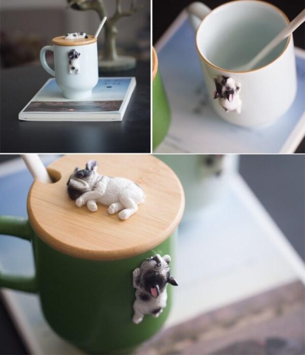 Frenchie World Shop 3D French Bulldog Ceramic Mugs With Bamboo Lid