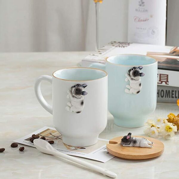 Frenchie World Shop 3D French Bulldog Ceramic Mugs With Bamboo Lid