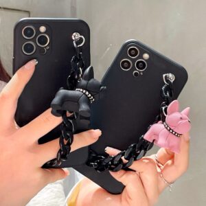 Frenchie World Shop 3D Luxury pink black Bulldog chain wrist soft phone case for iphone 13 12 11 Pro MiNi xs Max XR X 7 8 plus 6S SE 2020 cute cover