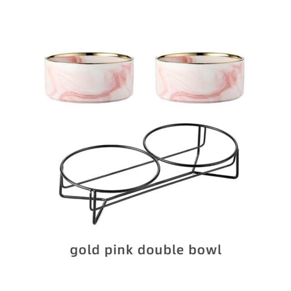 Frenchie World Shop Pink gold double / 850ML Cat Dog / China Ceramic Dog Bowl For Pet Cat Puppy Food Water Adjustable Marble Feeder Supplies Drinking Dish Large Cat Accessories #P021