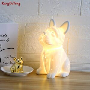 Frenchie World Shop Ceramic Dou Dog Led Table Lamp Cute Children Boys And Girls Night Lamp New Year Gift Bedroom Living Room Decoration Bedside Lamp