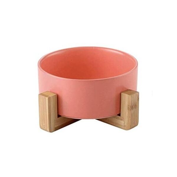 Frenchie World Shop Pink Ceramic Feeding Bowl With Wooden Stand