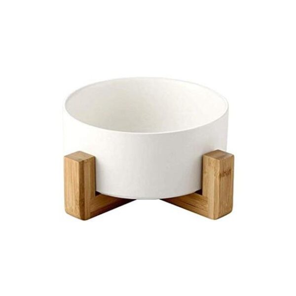 Frenchie World Shop White Ceramic Feeding Bowl With Wooden Stand