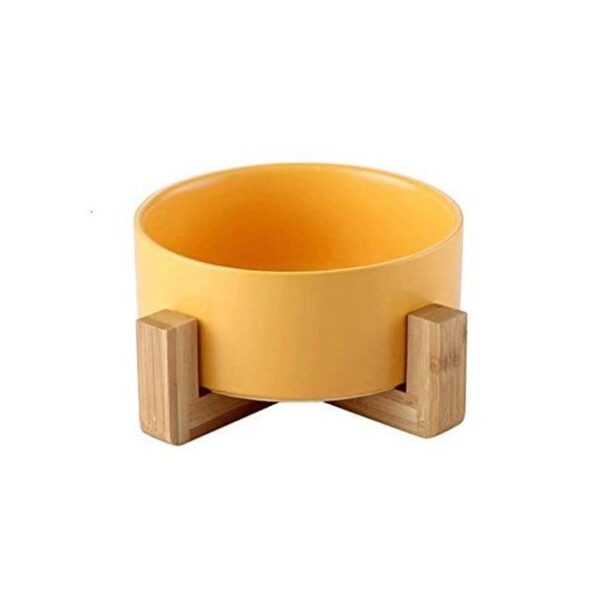 Frenchie World Shop Yellow Ceramic Feeding Bowl With Wooden Stand