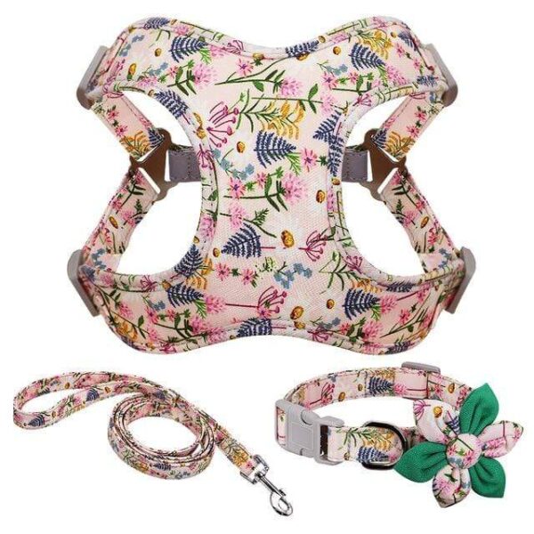 Frenchie World Shop Pink / M French Bulldog Harness Leash And Collar Set Printed No Pull Dog Harness Vest Leash Collar Set For Small Medium Large Dogs