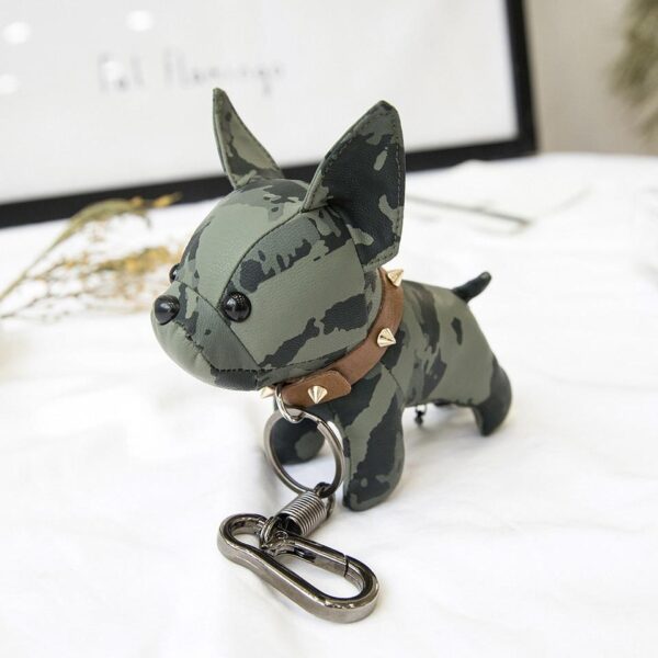 Frenchie World Shop Camouflage Green French Bulldog Leather Keychain