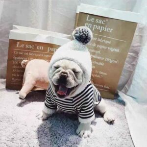 Frenchie World Shop French Bulldog Winter Warm Striped Pompom Hoodie