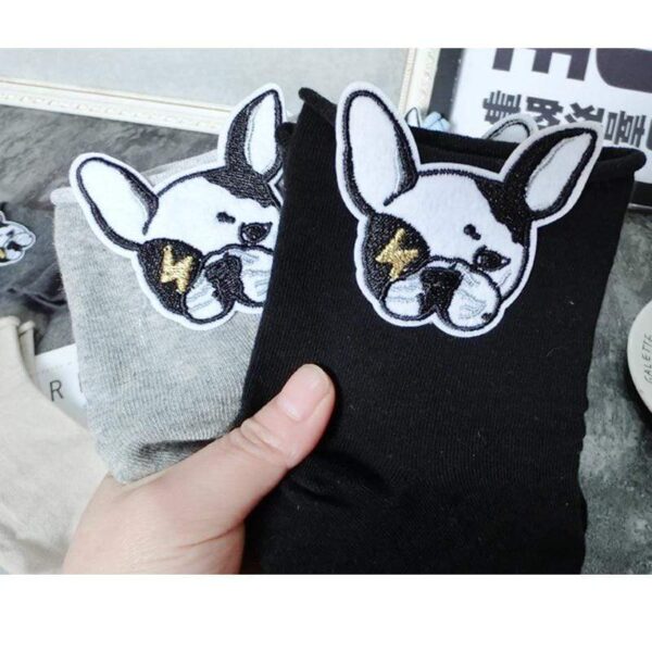 Frenchie World Shop Funny Socks Embroidery Cute Bulldog Puppy Solid Color Cotton Short Socks