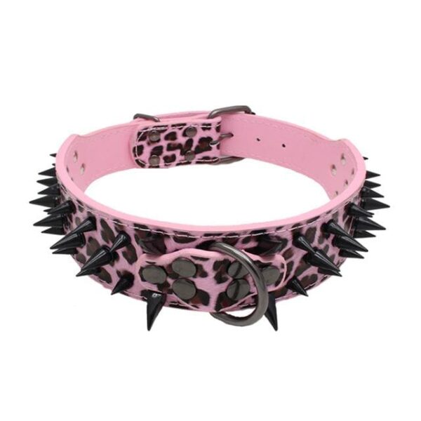 Frenchie World Shop Pink Leopard / XS High Leather Sharp Black Spikes Medium Large Dog Pet Pitbull Collar and Matched Genuine Leather Leashes Lead