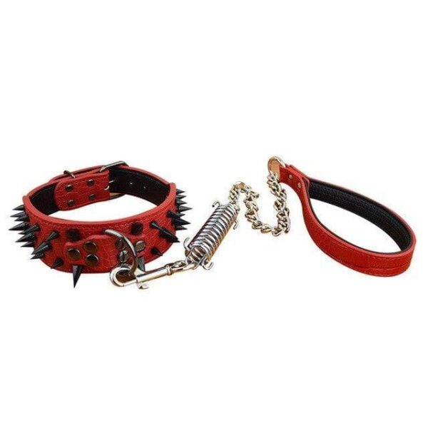 Frenchie World Shop Red Set / XS High Leather Sharp Black Spikes Medium Large Dog Pet Pitbull Collar and Matched Genuine Leather Leashes Lead