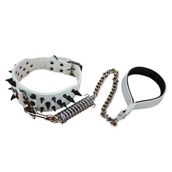 Frenchie World Shop White Set / XS High Leather Sharp Black Spikes Medium Large Dog Pet Pitbull Collar and Matched Genuine Leather Leashes Lead