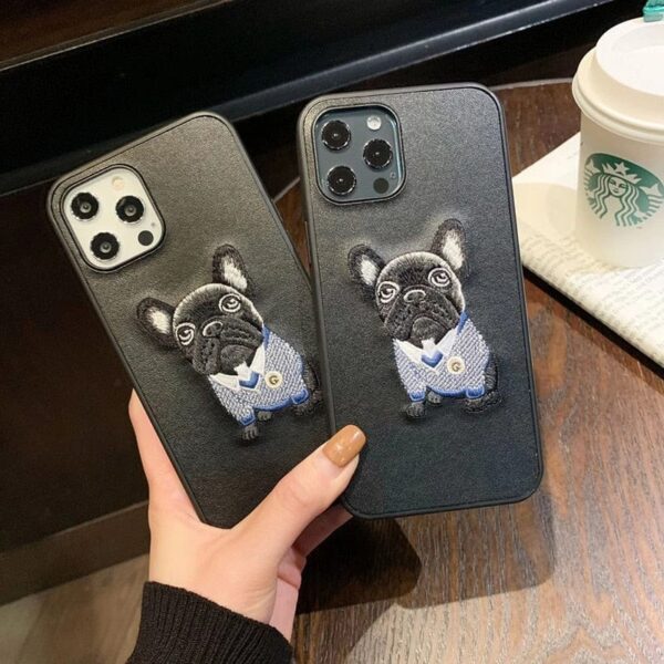 Frenchie World Shop 0 Luxury embroidery French bulldog Hard leather phone case for apple iphone 7 8 plus 11 Pro X XS XR MAX 12 MiNi SE lovely cover