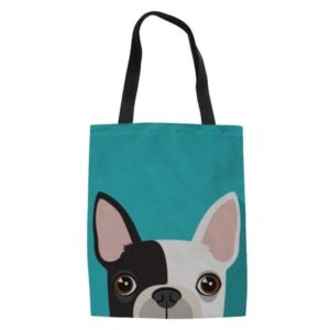 Frenchie World Shop turquoise / 42x34x1.5CM Peeking Frenchie Linen Tote Bag