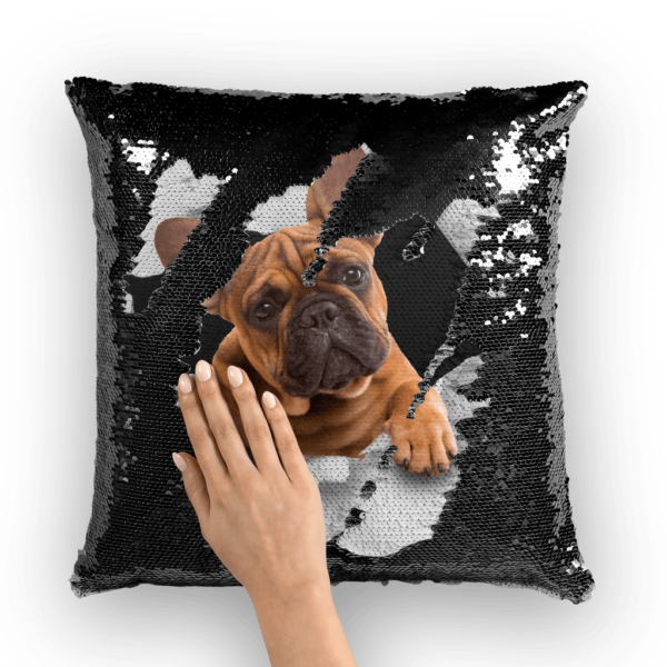 alloverprint.it Homeware Black / White Peeking Frenchie ﻿Sequin Cushion Cover