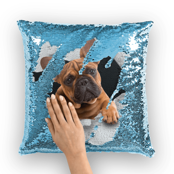 alloverprint.it Homeware Light Blue / White Peeking Frenchie ﻿Sequin Cushion Cover