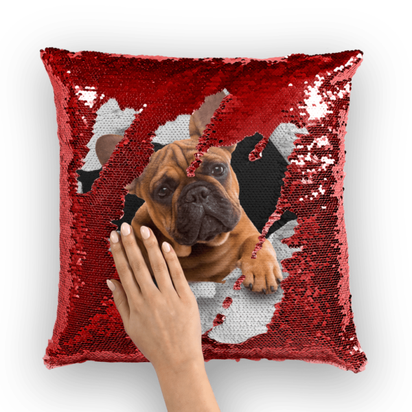 alloverprint.it Homeware Red / White Peeking Frenchie ﻿Sequin Cushion Cover