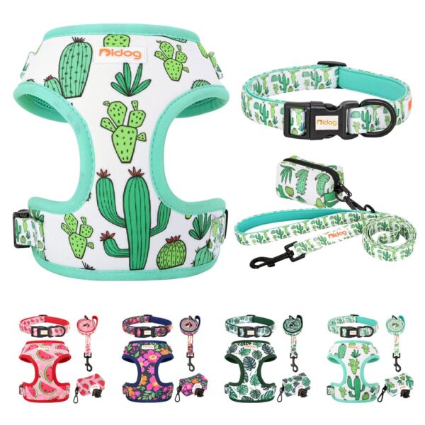 Frenchie World Shop Print Dog Collar Harness Leash Poop Bag Set Adjustable Pet Collars Vests For Small Medium Dogs Pets Walking Rope Garbage Bags