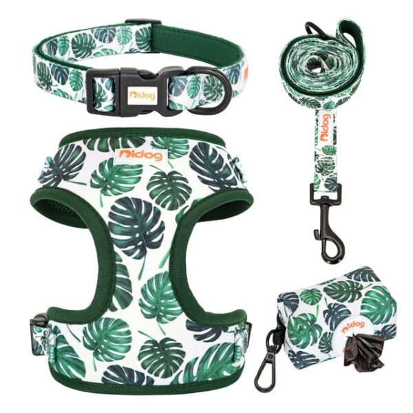 Frenchie World Shop Green / M Print Dog Collar Harness Leash Poop Bag Set Adjustable Pet Collars Vests For Small Medium Dogs Pets Walking Rope Garbage Bags