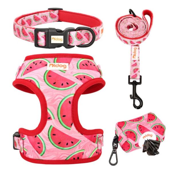 Frenchie World Shop Red / M Print Dog Collar Harness Leash Poop Bag Set Adjustable Pet Collars Vests For Small Medium Dogs Pets Walking Rope Garbage Bags