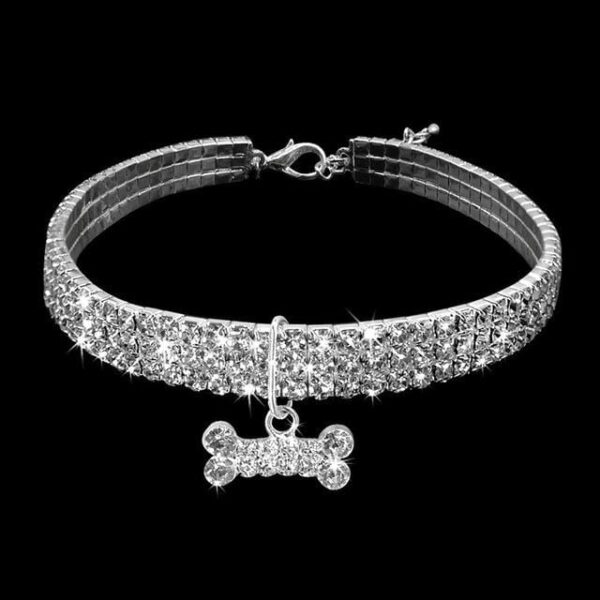 Frenchie World Shop White / S Rhinestone Dog Collar With Crystal Bone Pendant