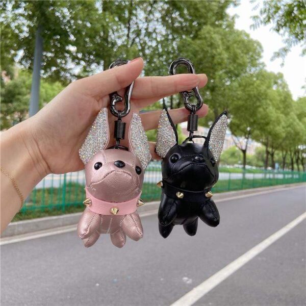 Frenchie World Shop Rhinestone French Bulldog Leather Keychain