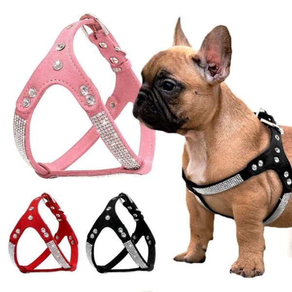 Frenchie World Shop Dog Accessories Soft Suede Leather Rhinestone Harness