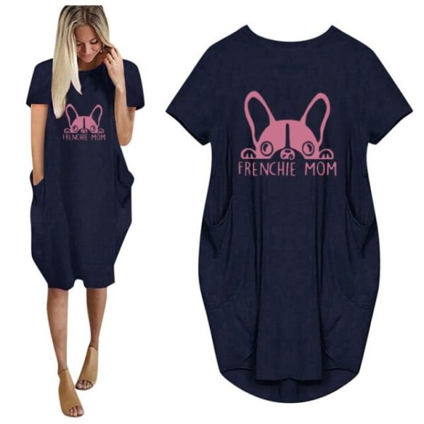 Frenchie World Shop 28 / M Summer Frenchie Mom Women Casual French Bulldog Mom Loose Dress With Pocket Ladies Fashion O Neck Long Tops Female T Shirt Dress