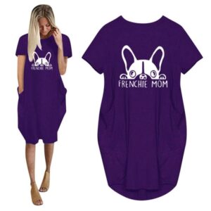Frenchie World Shop Summer Frenchie Mom Women Casual French Bulldog Mom Loose Dress With Pocket Ladies Fashion O Neck Long Tops Female T Shirt Dress