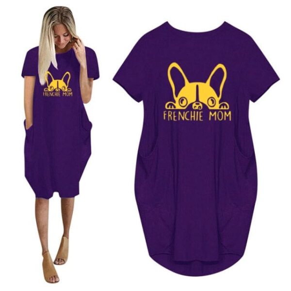 Frenchie World Shop Summer Frenchie Mom Women Casual French Bulldog Mom Loose Dress With Pocket Ladies Fashion O Neck Long Tops Female T Shirt Dress