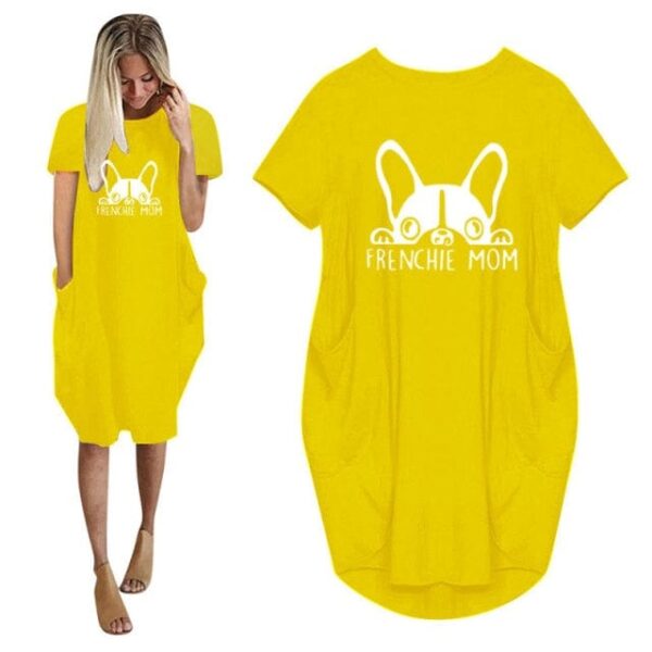 Frenchie World Shop Summer Frenchie Mom Women Casual French Bulldog Mom Loose Dress With Pocket Ladies Fashion O Neck Long Tops Female T Shirt Dress