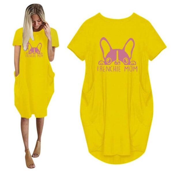 Frenchie World Shop Summer Frenchie Mom Women Casual French Bulldog Mom Loose Dress With Pocket Ladies Fashion O Neck Long Tops Female T Shirt Dress