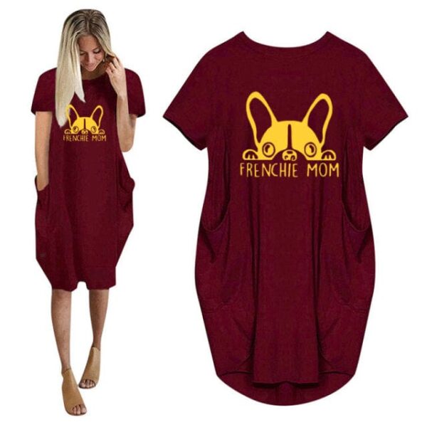 Frenchie World Shop Summer Frenchie Mom Women Casual French Bulldog Mom Loose Dress With Pocket Ladies Fashion O Neck Long Tops Female T Shirt Dress