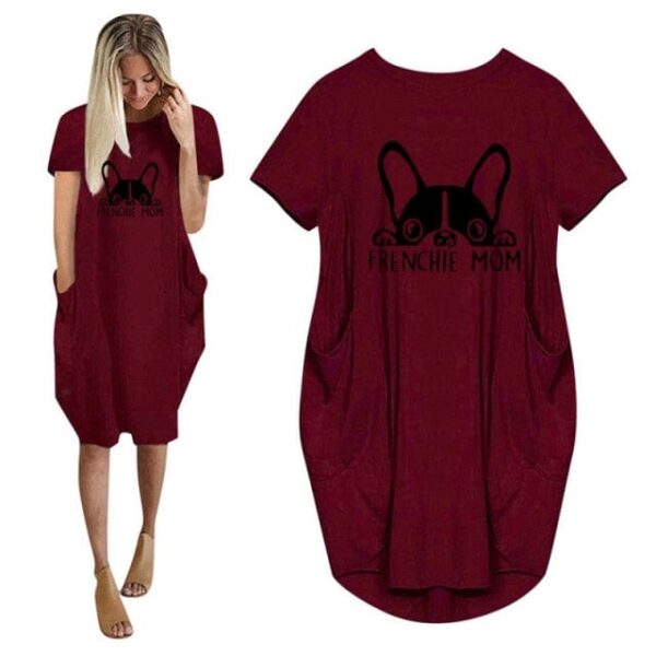 Frenchie World Shop Summer Frenchie Mom Women Casual French Bulldog Mom Loose Dress With Pocket Ladies Fashion O Neck Long Tops Female T Shirt Dress