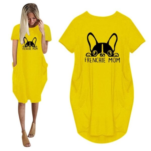 Frenchie World Shop Summer Frenchie Mom Women Casual French Bulldog Mom Loose Dress With Pocket Ladies Fashion O Neck Long Tops Female T Shirt Dress