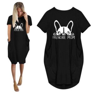 Frenchie World Shop Summer Frenchie Mom Women Casual French Bulldog Mom Loose Dress With Pocket Ladies Fashion O Neck Long Tops Female T Shirt Dress