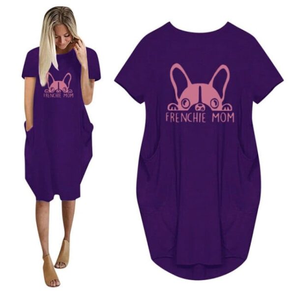 Frenchie World Shop Summer Frenchie Mom Women Casual French Bulldog Mom Loose Dress With Pocket Ladies Fashion O Neck Long Tops Female T Shirt Dress