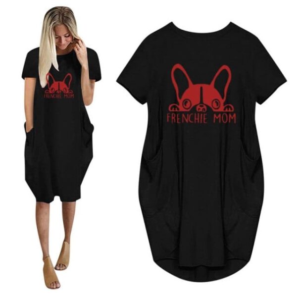 Frenchie World Shop 9 / M Summer Frenchie Mom Women Casual French Bulldog Mom Loose Dress With Pocket Ladies Fashion O Neck Long Tops Female T Shirt Dress