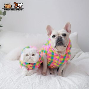 Frenchie World Shop SUPREPET Winter Pet Dog Warm Clothes Soft Thick Rabbit Fur Puppy Sweater French Bulldog Cute Rainbow Check Hoodie Designer
