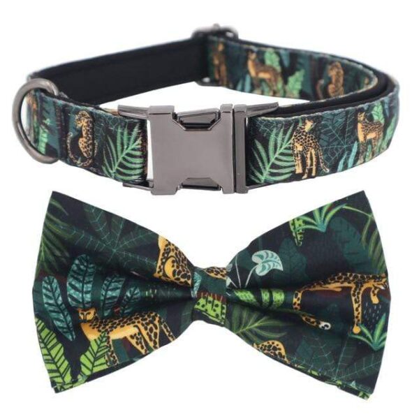 Frenchie World Shop tropical collar bow / L Tropical Leopard French Bulldog Harness, Leash and Collar