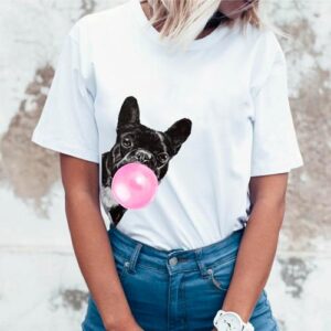Frenchie World Shop Womens French Bulldog Bubble Gum T-shirt