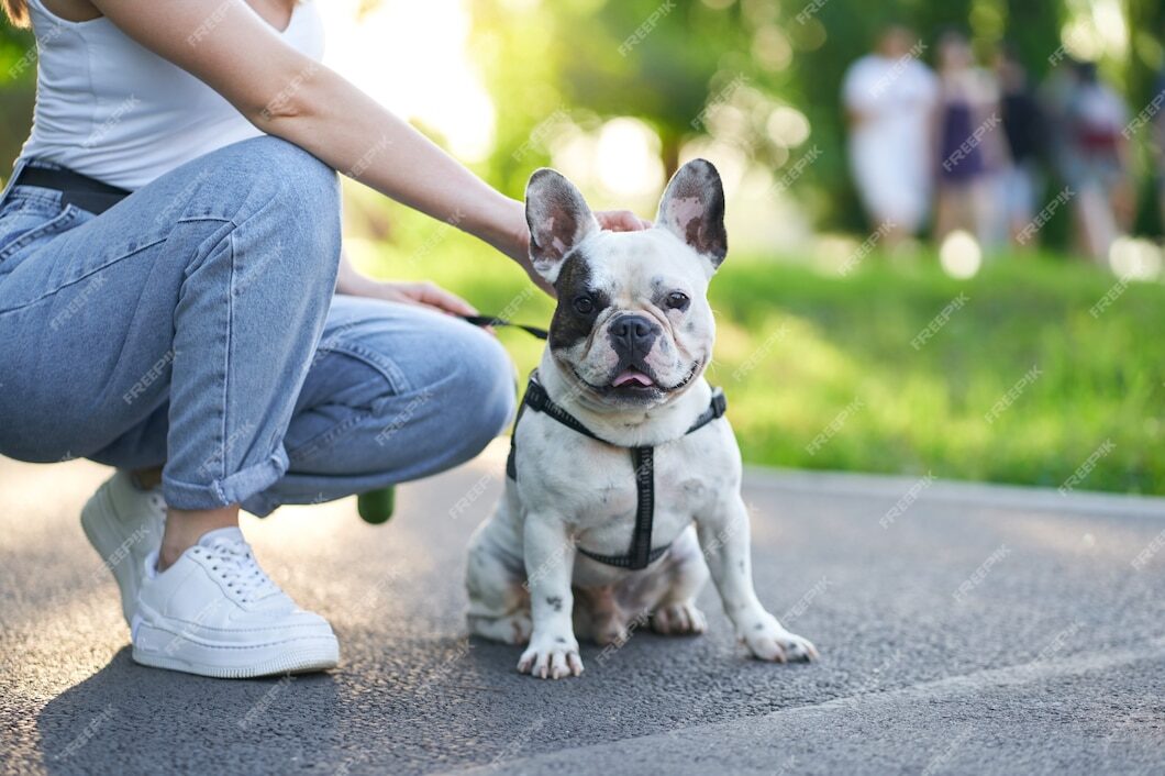 French bulldog sitting on the ground in a park