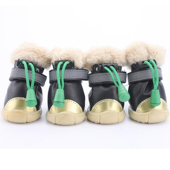 Four gold an black French bulldog winter boots